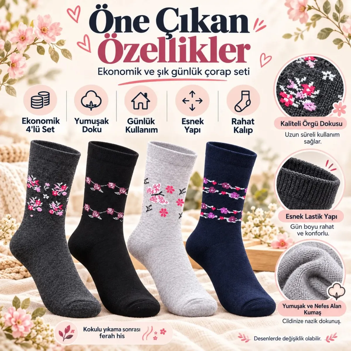 Kadın Ekonomik Soket Çorap 8'li Set | Çiçek Desenli Rahat Bayan Çorabı Karışık Renkli Avantaj Paketi görseli