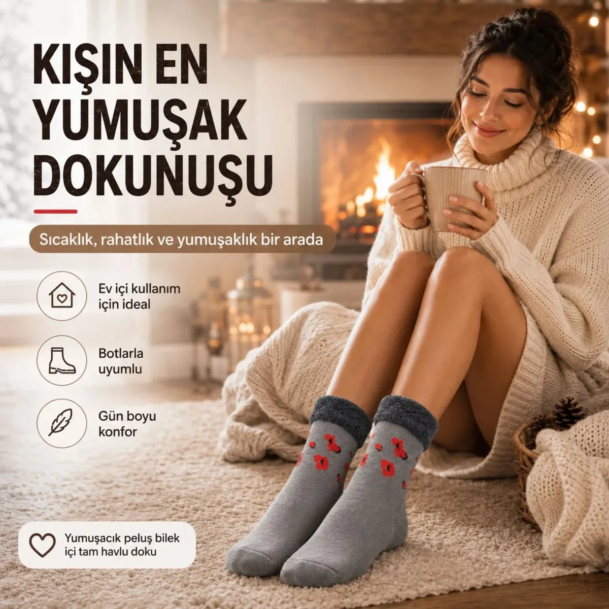 4’lü Kadın Kışlık Havlu Çorap Sıcak Tutan Yumuşak Karışık Desenli Günlük Çorap Seti görseli