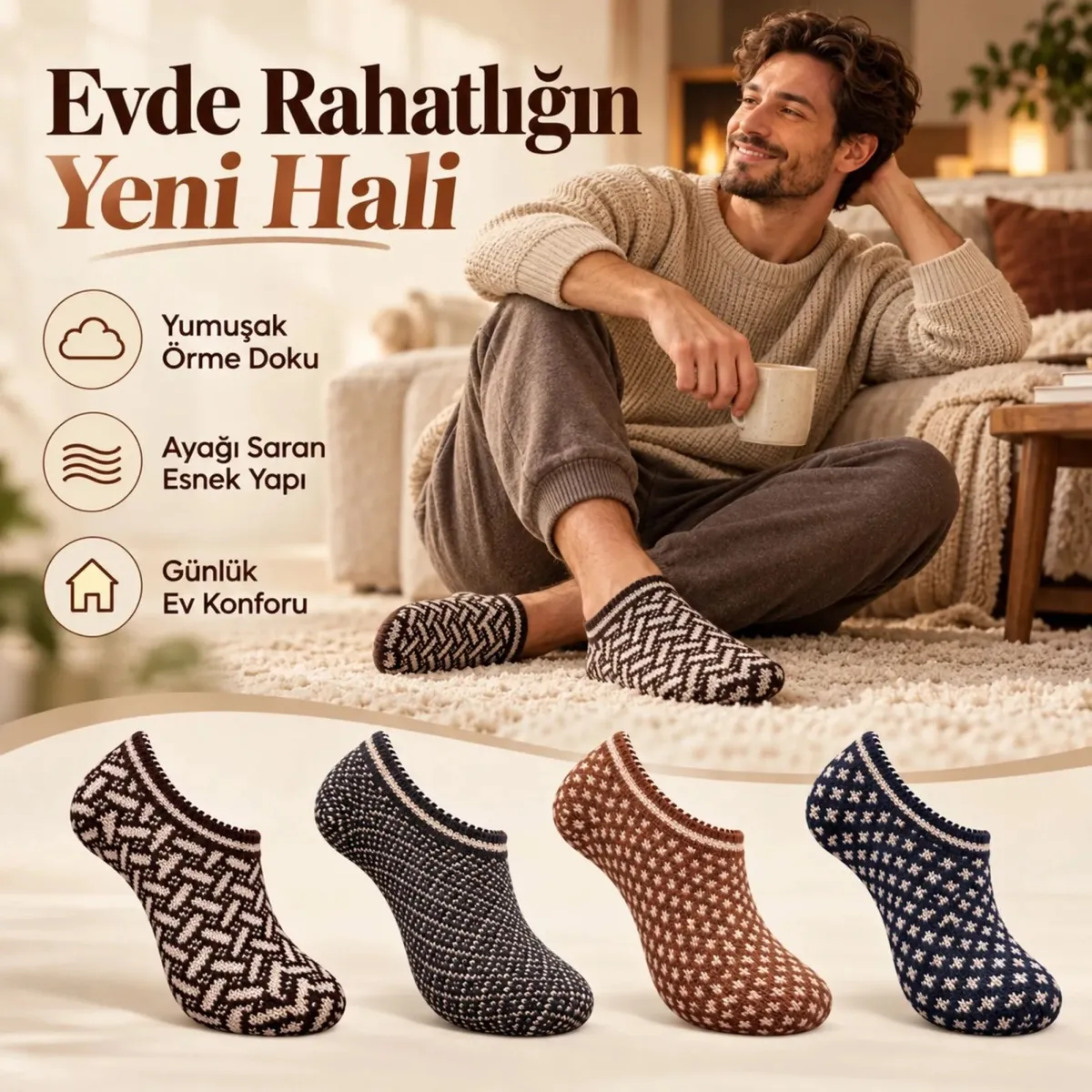 Erkek Ev Patiği 8'li Set | Geometrik Desenli Örgü Görünümlü Kısa Patik Çorap Karışık Renkli Paketler görseli