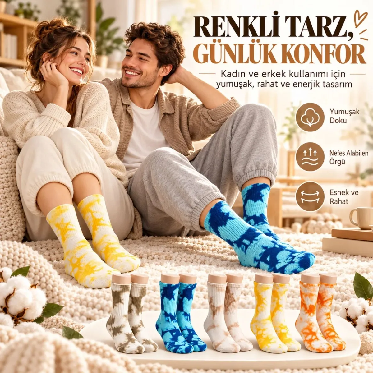 Turkuaz Sarı Turuncu Unisex Batik Desenli Çorap 5'li Set Pamuklu Renkli Uzun Soket Dikişsiz Nefes Alan Günlük Spor Çorabı görseli