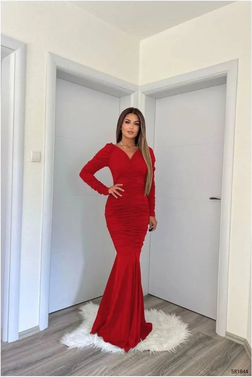 Krep Kesim Elbise V Balık Yaka Abiye Kumaş