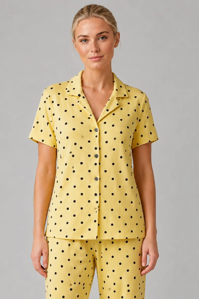 Sarı Puantiyeli Düğmeli Pijama Takımı 4642-Sarı görseli