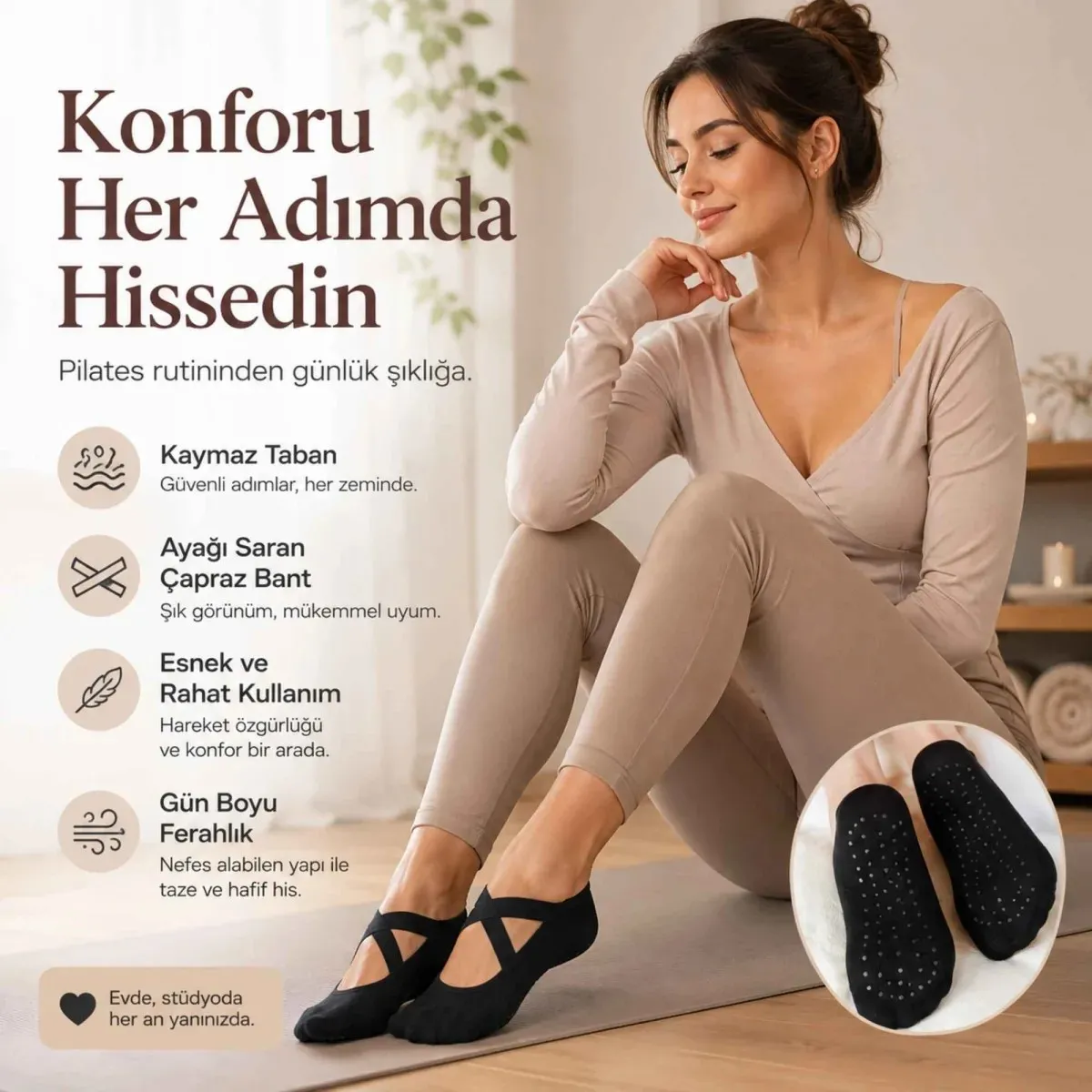 Kaymaz Tabanlı Kadın Balerin Tasarımlı Yoga Pilates Çorabı Çapraz Bantlı Spor Çorap Hac Umre Çorabı görseli