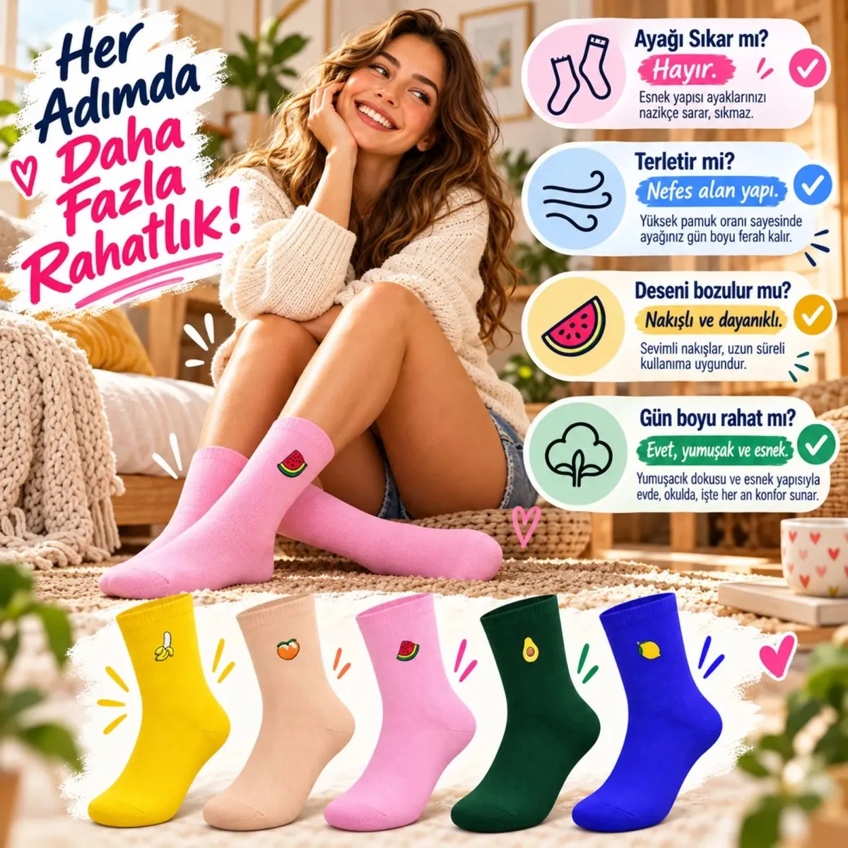 Kadın Meyve Nakışlı Renkli Soket Çorap 5'li Set | Muz Karpuz Avokado Limon Desenli Günlük Şık Çorap! görseli
