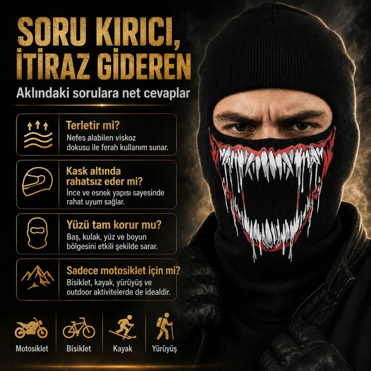 Unisex Canavar Diş Baskılı Balaklava 1 Adet Tek Beden Viskoz Kask İçi Motosiklet Maskesi görseli