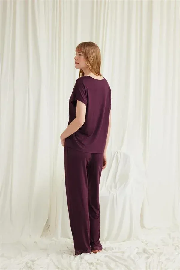Kısa Kollu V Yakalı Dantelli Viskon Pijama Takımı görseli