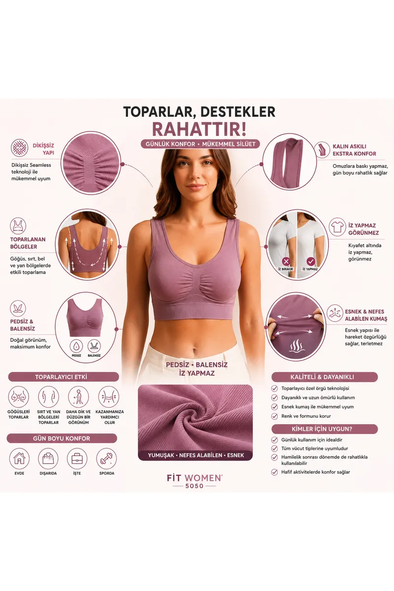 Göğüs Toparlayıcı Dikişsiz Seamless Büstiyer Korse – Kalın Askılı Pedsiz Balensiz Toparlayıcı Sütyen 5050 Gül Kurusu görseli