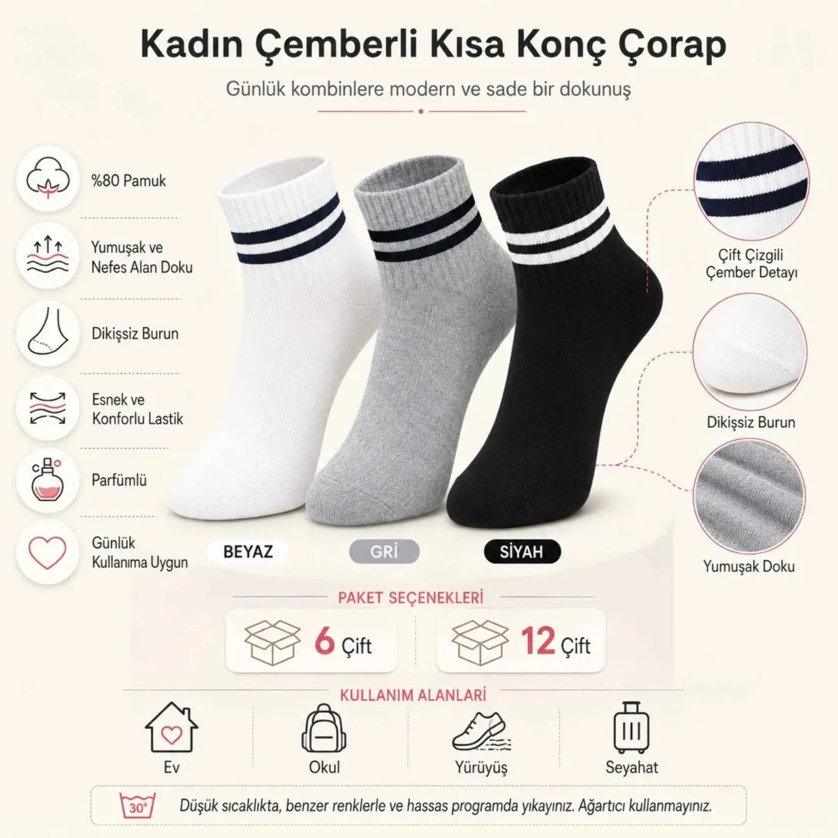 Unisex Çizgili Bilek Çorap 6'lı | %80 Pamuklu Dikişsiz Burun, Siyah Beyaz Gri Günlük Spor görseli