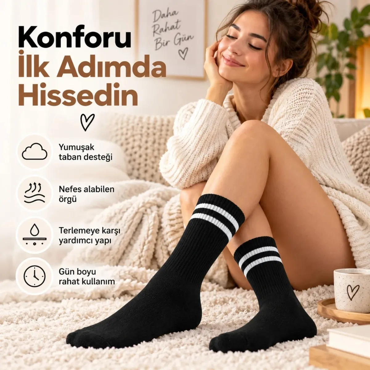 Siyah Çorap Beyaz Çizgili 3'lü Set Unisex Uzun Soket Günlük Spor Rahat Kolej Stil Çorap Seti görseli