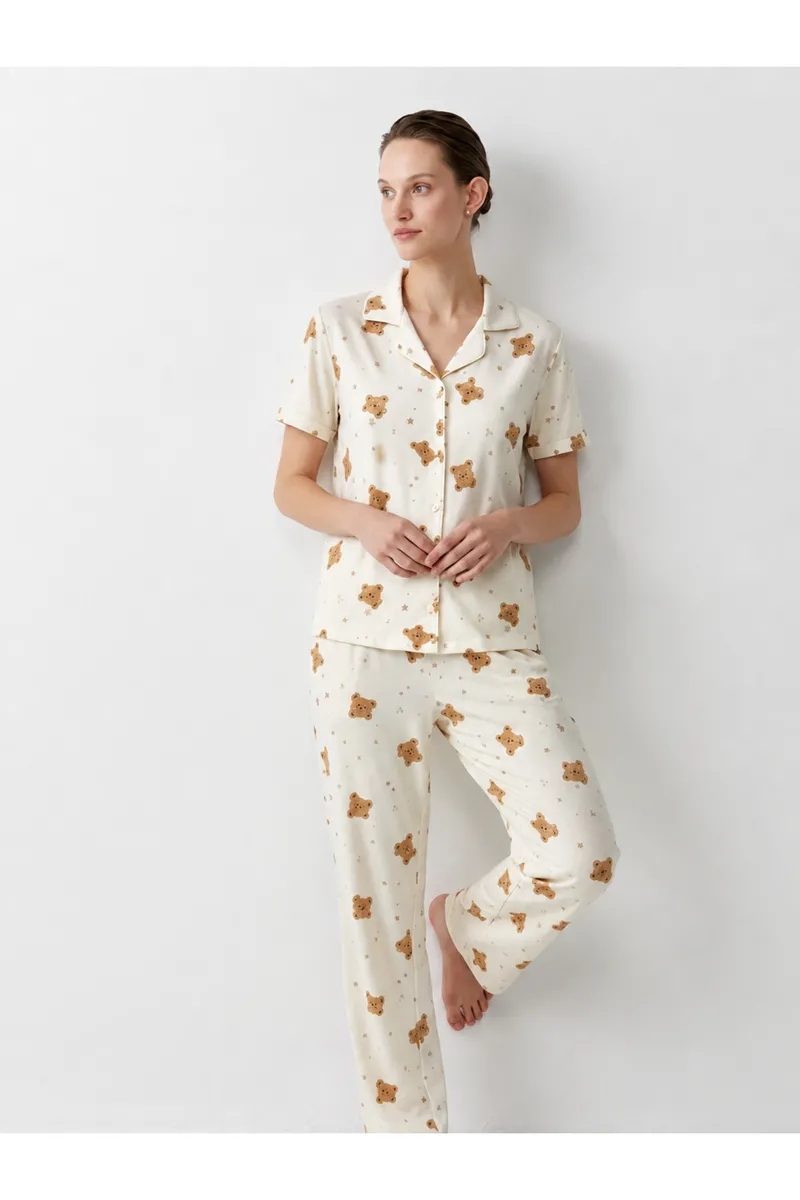 Regular V Yaka Günlük Kırık Beyaz Pijama Takımı görseli