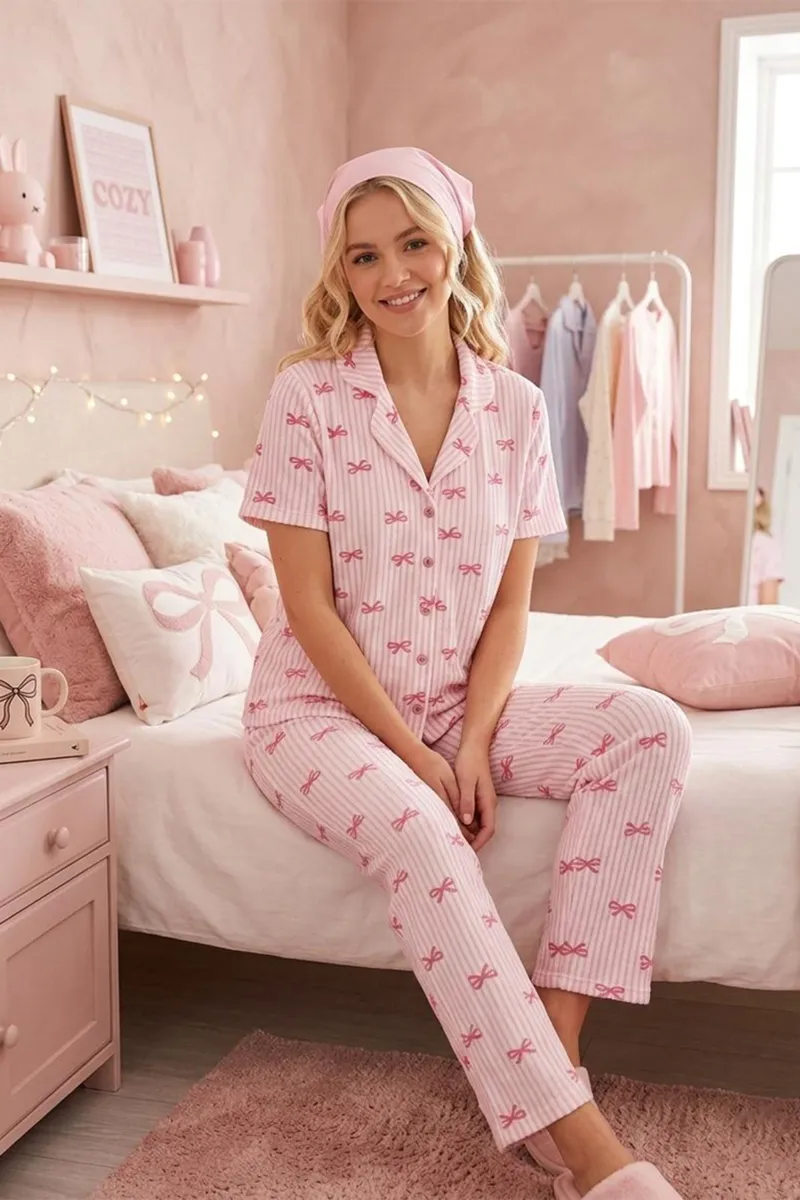 Pembe Kurdele Desenli Bürümçük kumaş Kısa Kollu Pijama Takımı 6064 görseli