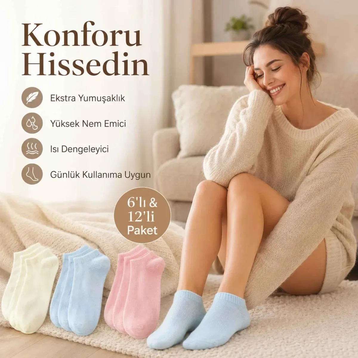Kadın Bambu Dikişsiz Patik Çorap 12'li | Nefes Alan Nem Emici Yumuşak, Krem Mavi Pembe görseli