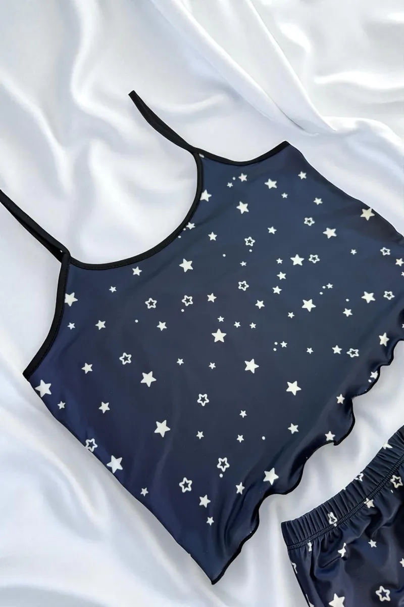 Yıldız Desenli Lacivert Şortlu Pijama Takımı görseli