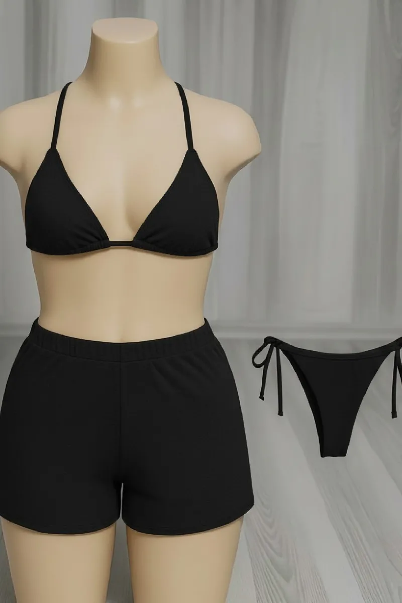 Kadın 3'lü Set Siyah Şortlu ve Yandan Bağlamalı Bikini Mayo Takımı görseli