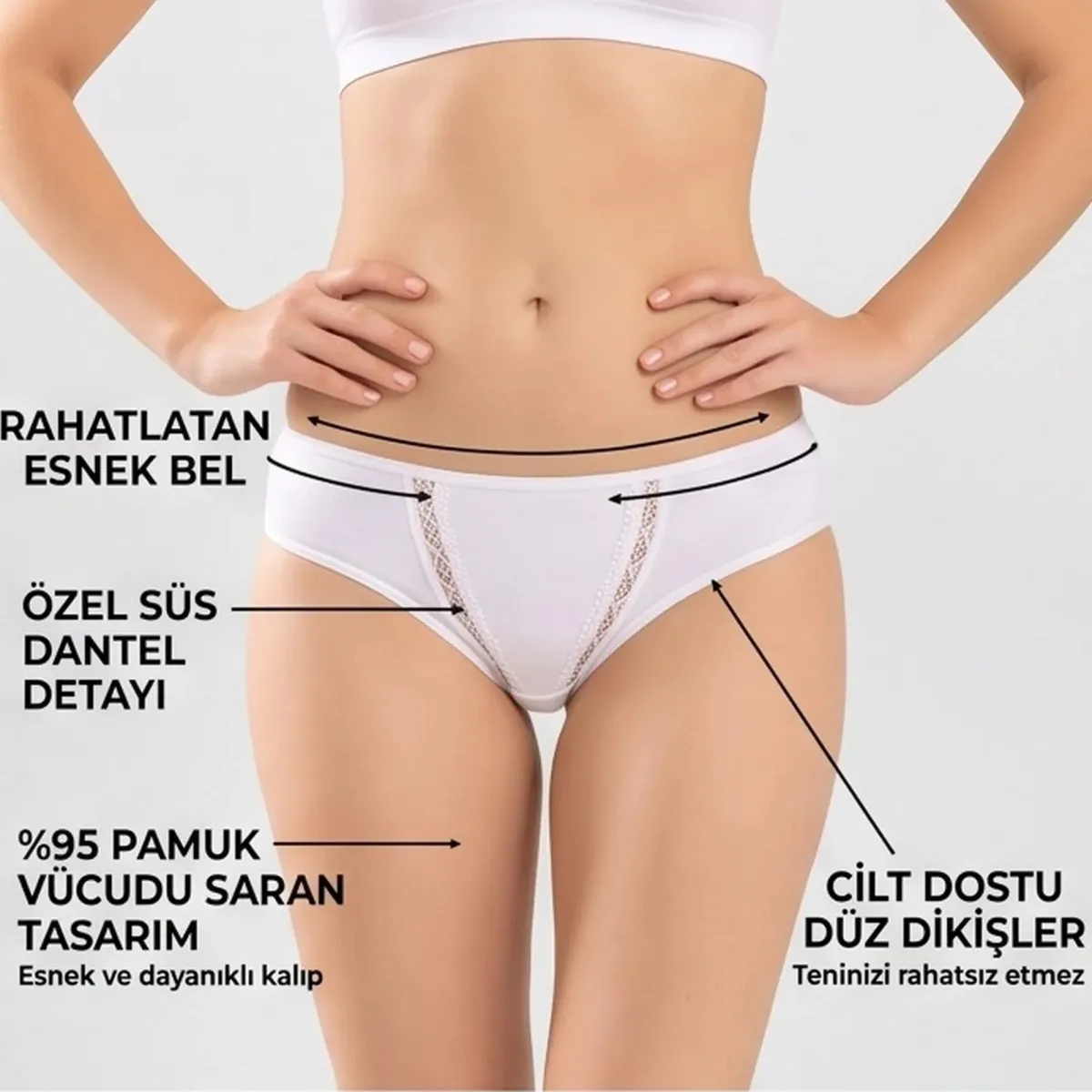 Kadın Pamuklu Zikzak İşlemeli Bikini Kesim Külot 3'lü Paket | Siyah Beyaz Dantel Detaylı İç Çamaşırı görseli