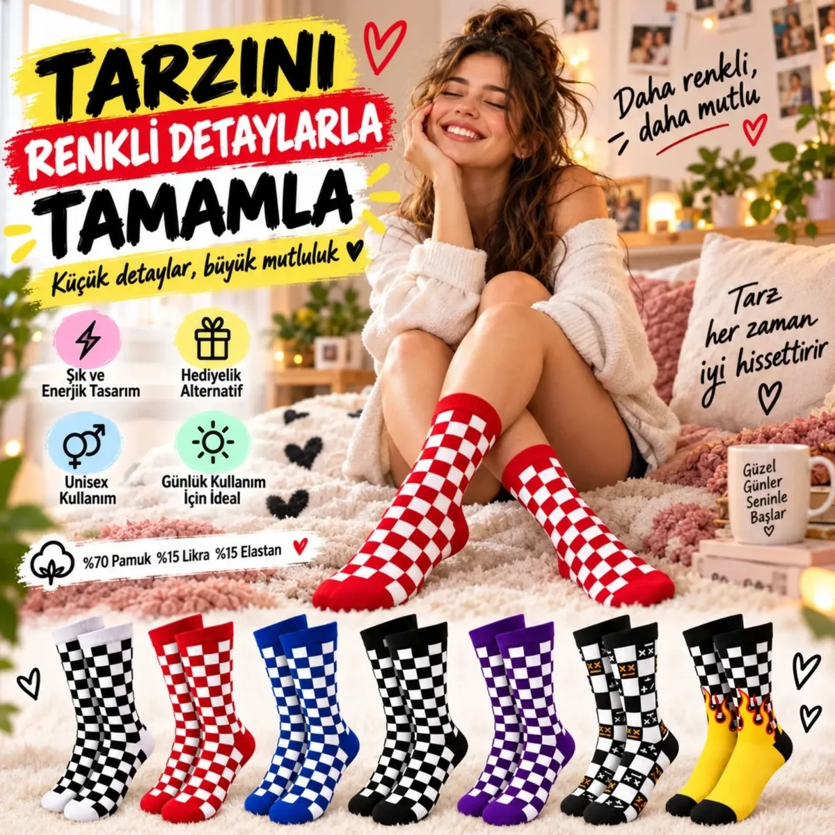UNİSEX Çorap Dama Desenli Renkli 14'lü Set Kareli Alev Desenli Uzun Soket Günlük Spor Çorabı görseli