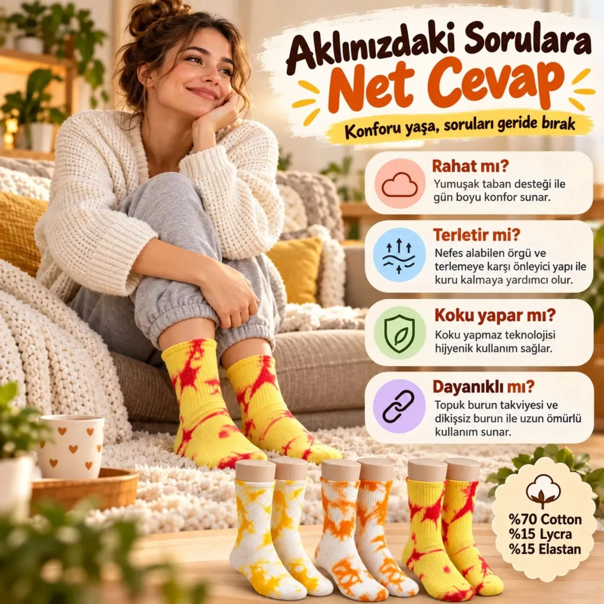Unisex Batik Desenli Çorap 6'lı Set Pamuklu Renkli Uzun Soket Dikişsiz Nefes Alan Günlük Spor Çorabı Sarı-Beyaz-Turuncu-Kırmızı görseli