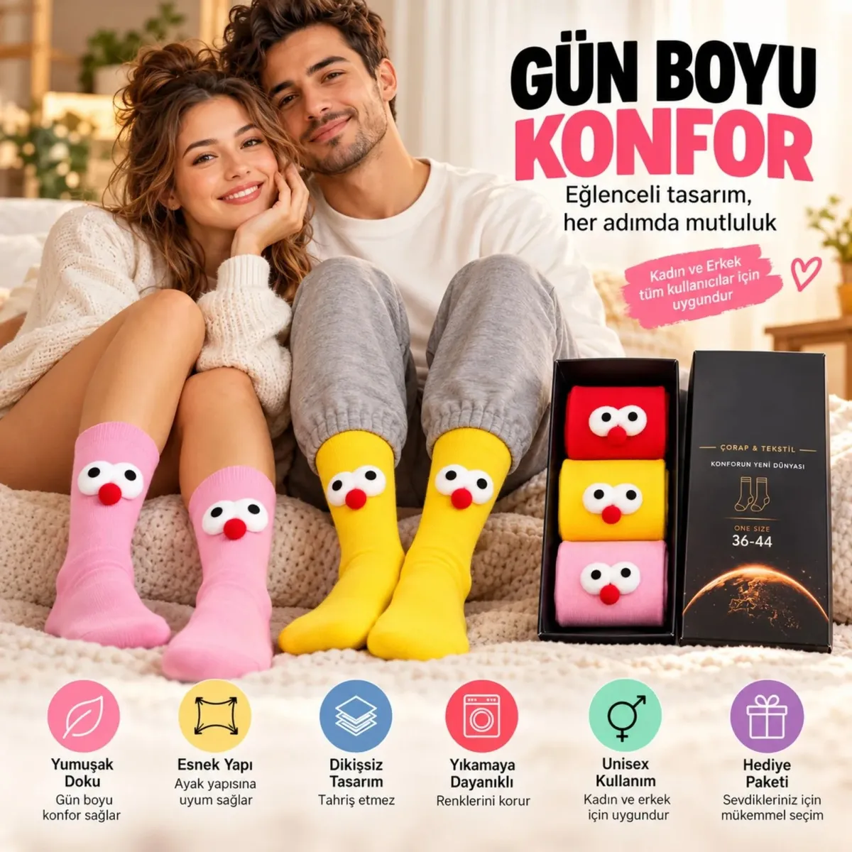 Kadın 3'lü Kutulu 3D Gözlü Soket Çorap Seti | Kırmızı, Sarı, Pembe Eğlenceli Hediyelik Çorap Paketi!