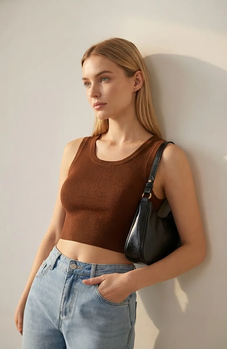 Kadın Kahverengi Kare Yaka Crop Top Bluz – Şık, Rahat ve Kolay Kombinlenebilir görseli
