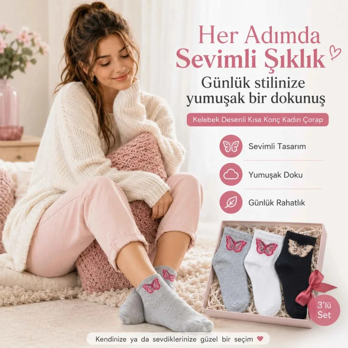 Kadın Kelebek Desenli Kısa Konç Çorap 12'li | %80 Pamuklu Dikişsiz, Siyah Beyaz Gri görseli