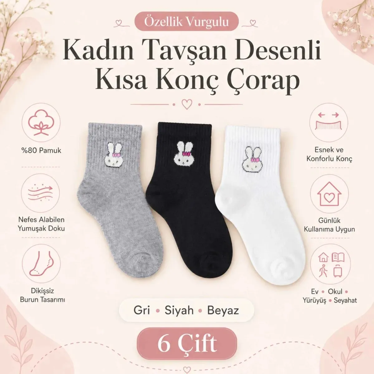 Kadın Tavşan Desenli Kısa Konç Çorap 3'lü | %80 Pamuklu Dikişsiz, Siyah Beyaz Gri görseli