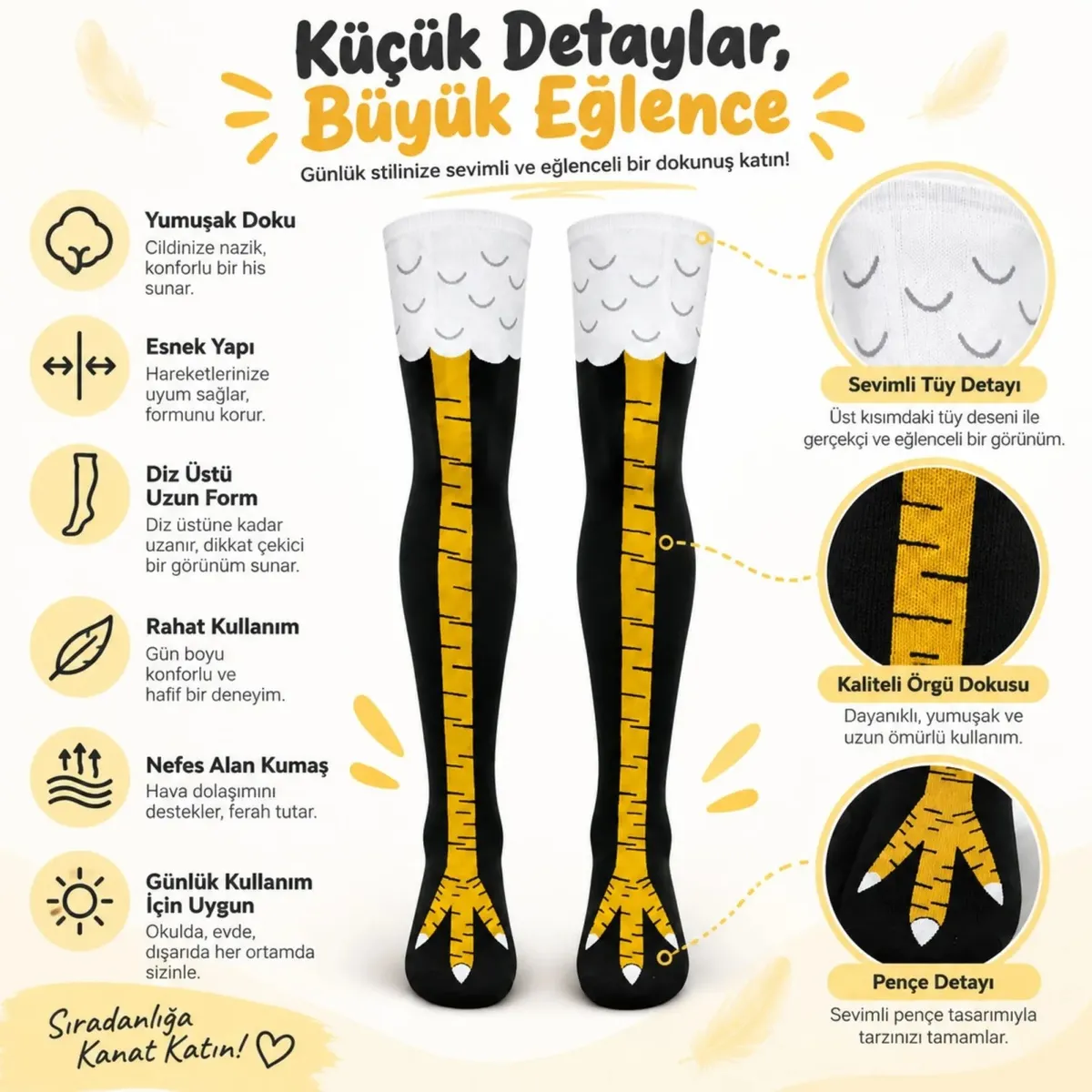 Kadın Diz Üstü Tavuk Ayağı 3'lü Desenli Çorap Siyah Sarı Uzun Eğlenceli Kostüm Günlük Çorabı Modeli görseli