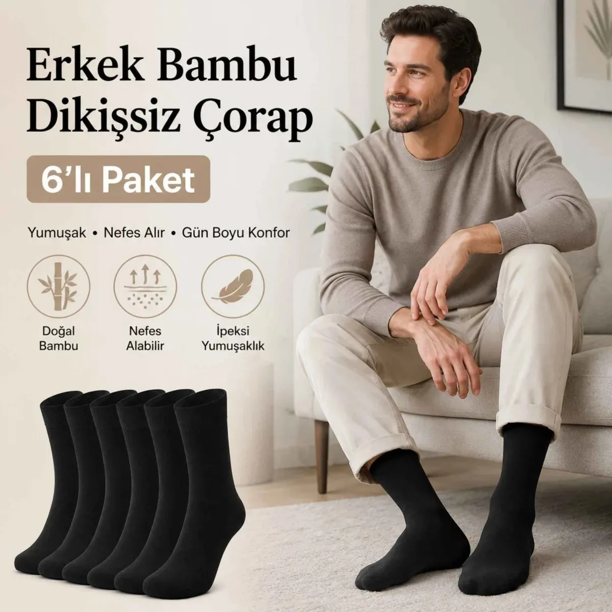 Erkek Bambu Soket Çorap 6’lı Paket, Dikişsiz Parfümlü Nefes Alan Yumuşak Nem Emici Günlük Uzun Çorap görseli