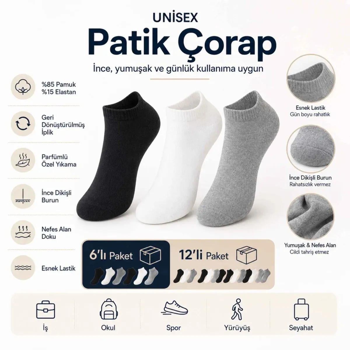 Unisex Dikişsiz Patik Çorap 6'lı | %85 Pamuklu Geri Dönüşüm İplikli, Nefes Alan Spor görseli