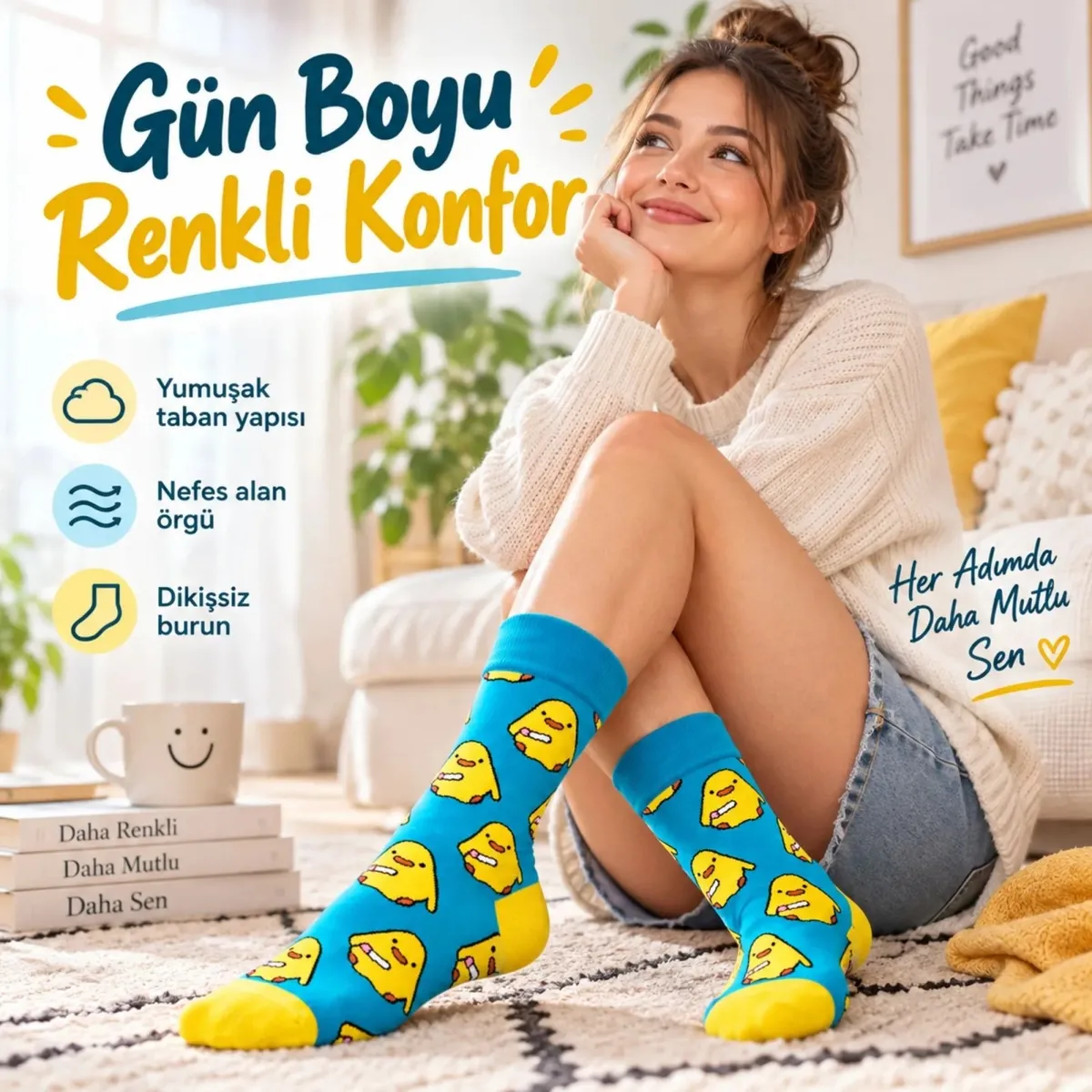 Renkli Civciv Desenli Unisex Soket Çorap | Yumuşak, Esnek ve Konforlu Günlük Kullanım 6'lı Set görseli