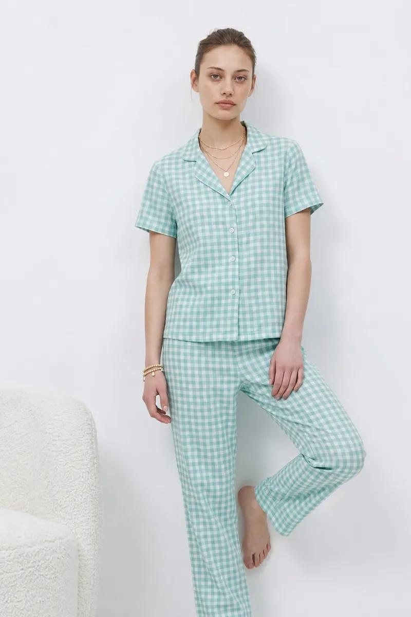 V Yaka Kapama Lastik Bel Su Yeşili Pijama Takımı görseli
