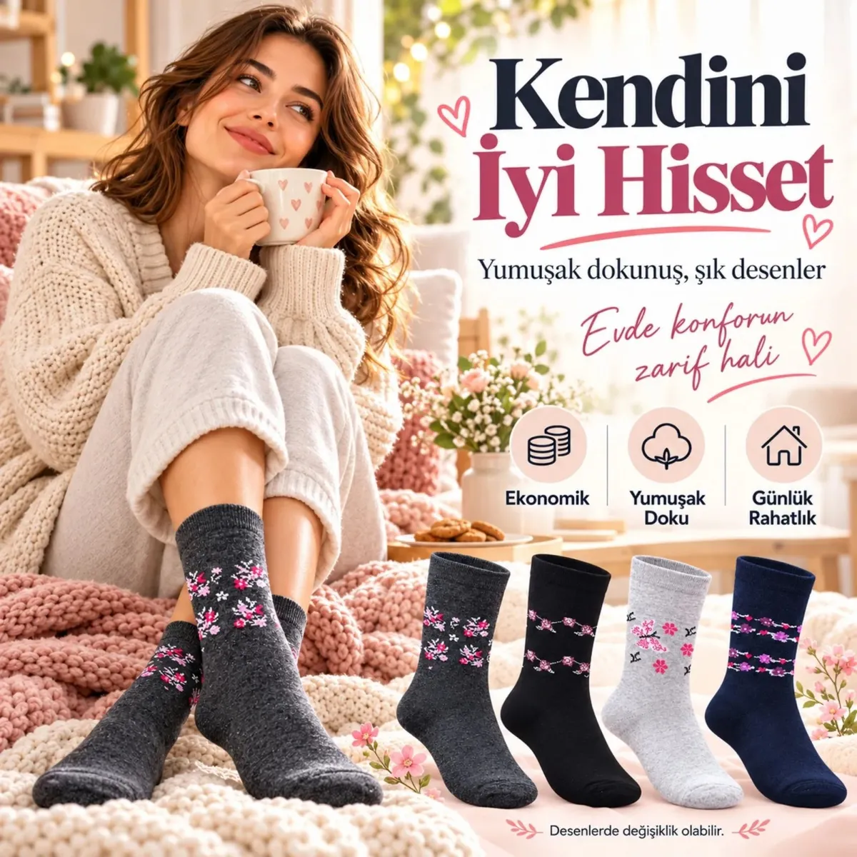Kadın Ekonomik Soket Çorap 4'lü Seti | Çiçek Desenli Bayan Günlük Çorap Karışık Renk Avantajlı Paket görseli