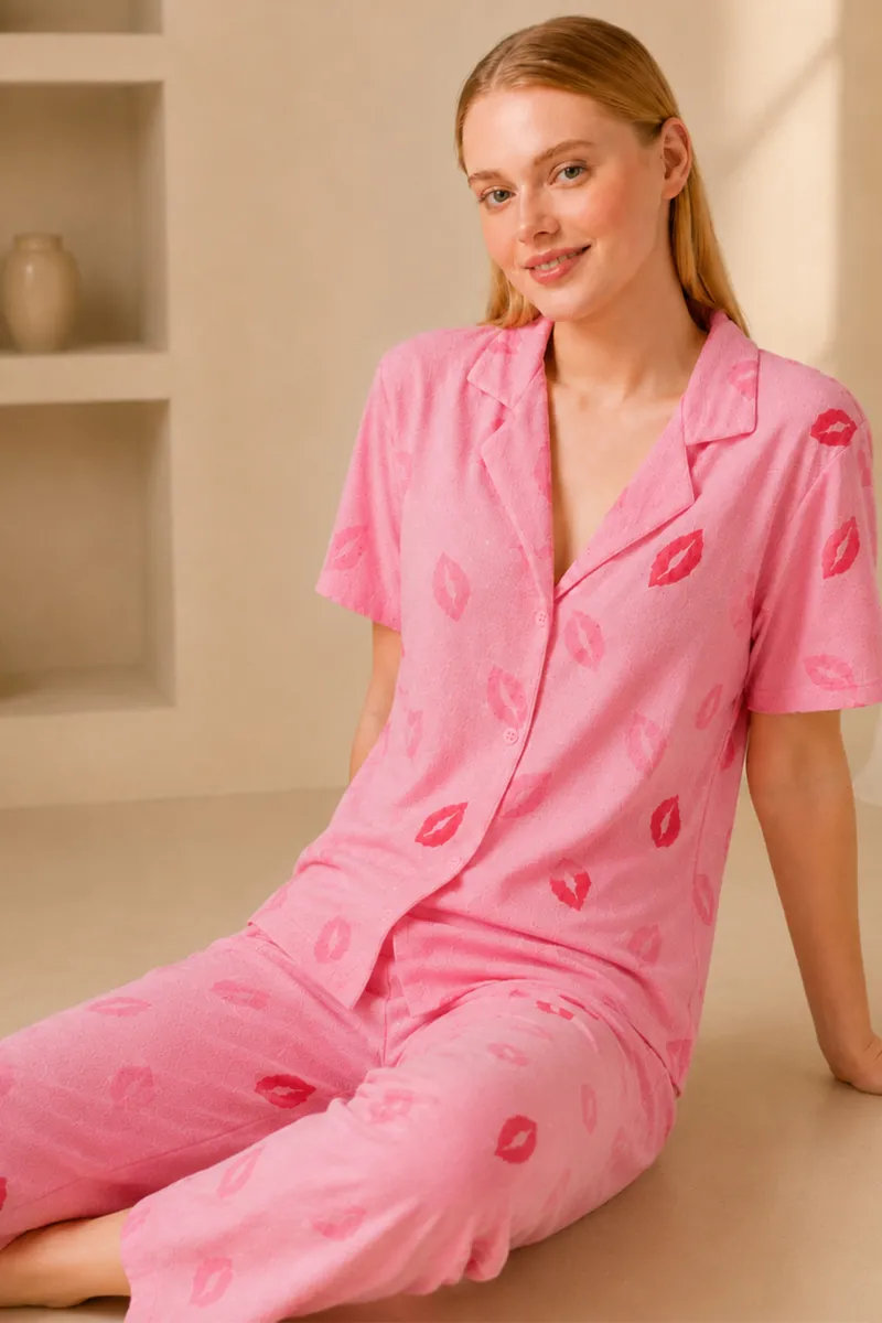 Dudak Desenli Pijama Takımı 4646-Pembe görseli