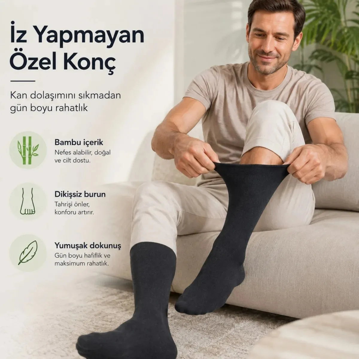 Bambu Diyabet Çorabı 3'lü Lastiksiz Dikişsiz Burun Siyah Uzun Konç Hassas Ayaklar İçin görseli