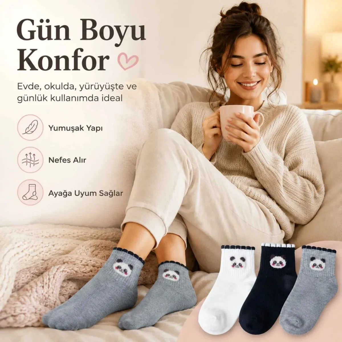 Kadın Panda Desenli Kısa Konç Çorap 12'li | %80 Pamuklu Dikişsiz, Siyah Beyaz Gri görseli