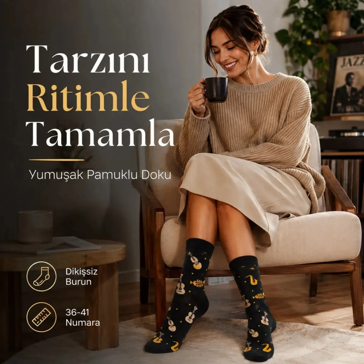 Kadın Müzik Enstrüman Desenli Soket Çorap 36-40 | Pamuklu Dikişsiz Siyah Uzun Konç Hediyelik görseli