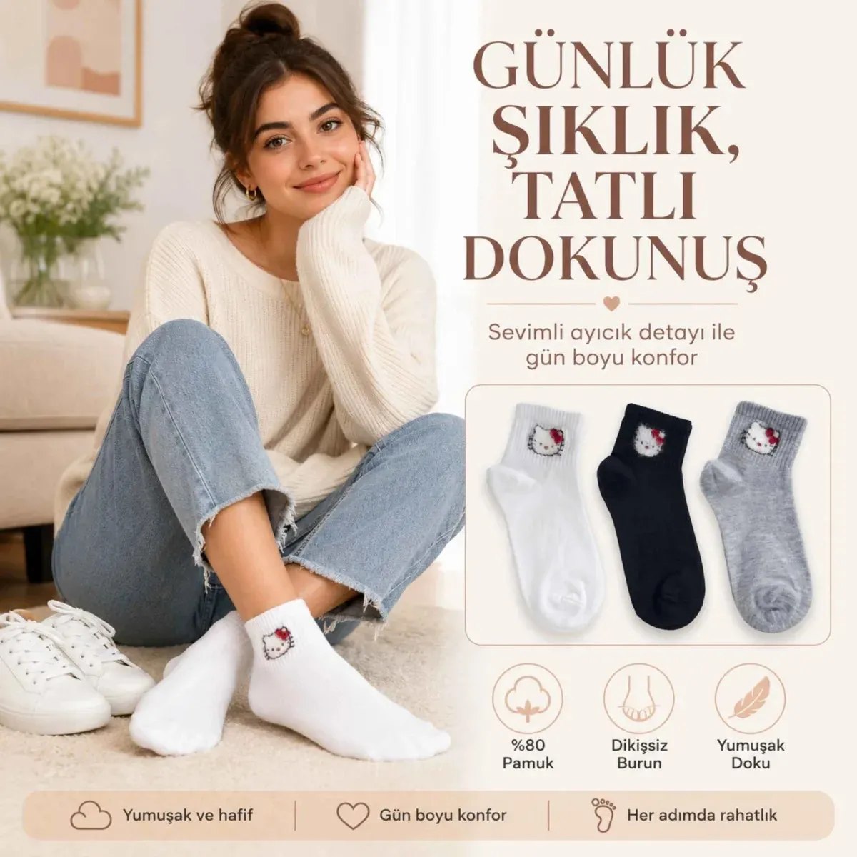 Kadın Sevimli Kedi Desenli Bilek Çorap 3'lı | %80 Pamuklu Dikişsiz, Siyah Beyaz Gri görseli