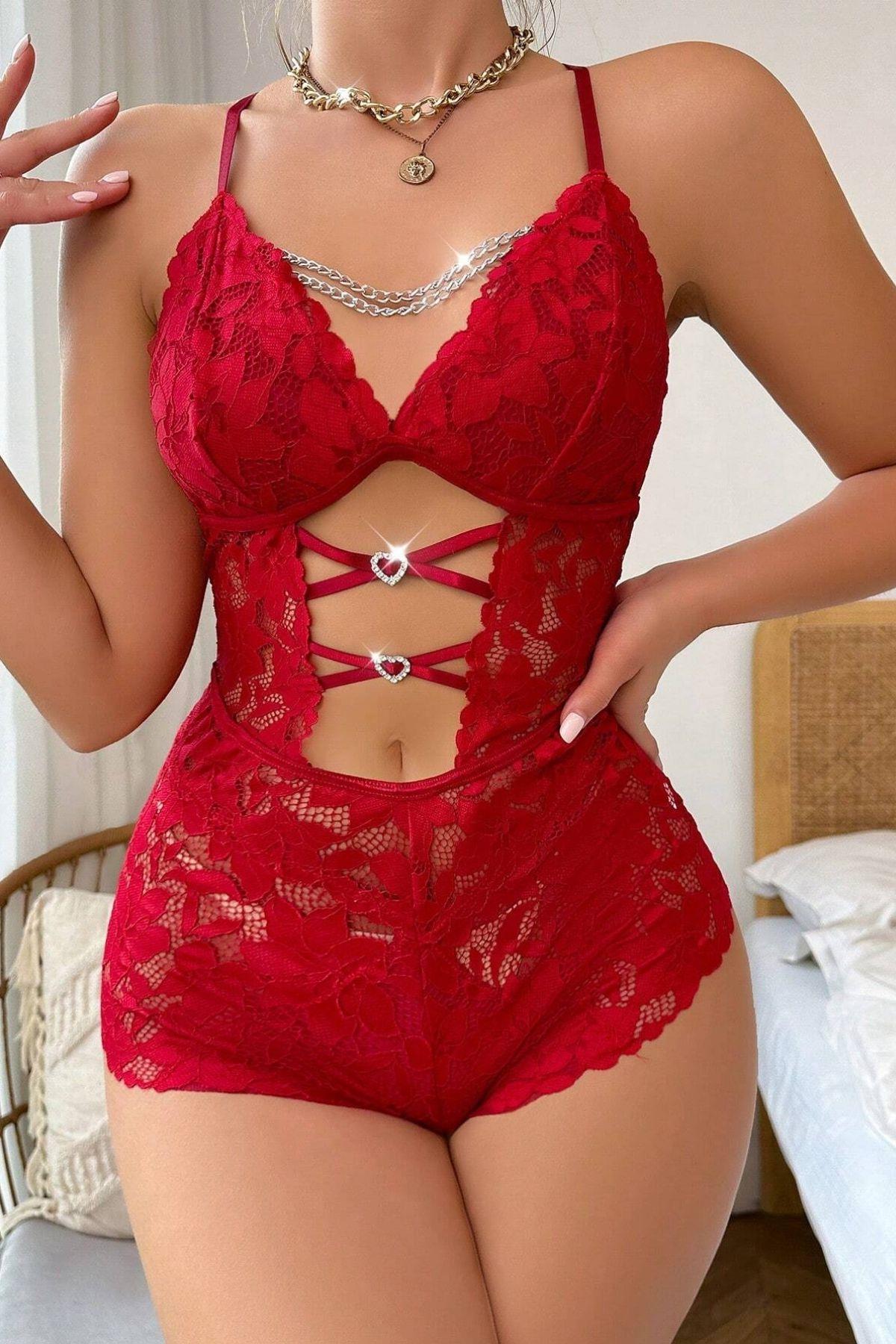 Mor Avm Kırmızı Zincir Detaylı Dantelli Babydoll 15098